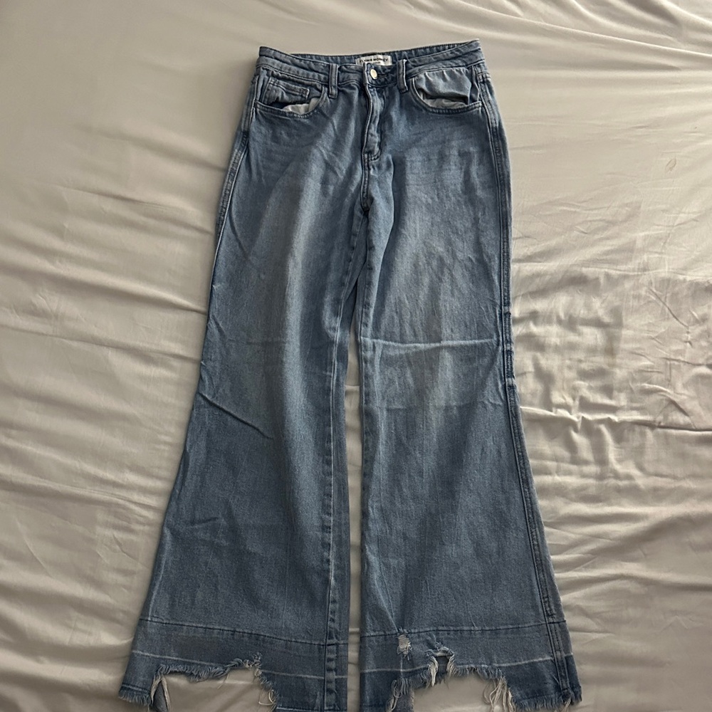Flying Monkey Distressed Flare Jeans in Blue